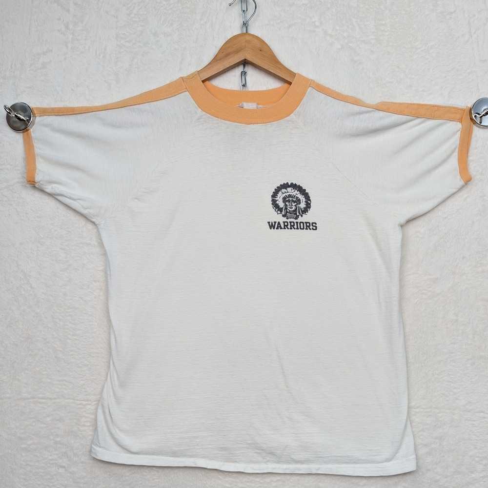 VTG Velva Sheen T-Shirt Men's Medium White Orange Warriors Raglan Paper Thin 70s